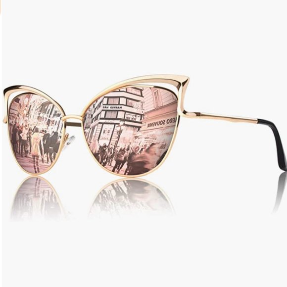 Pink + Rose Gold Mirror Cat Eye Aviator Sunglasses Oversized Pilot Sunglasses - Picture 3 of 4
